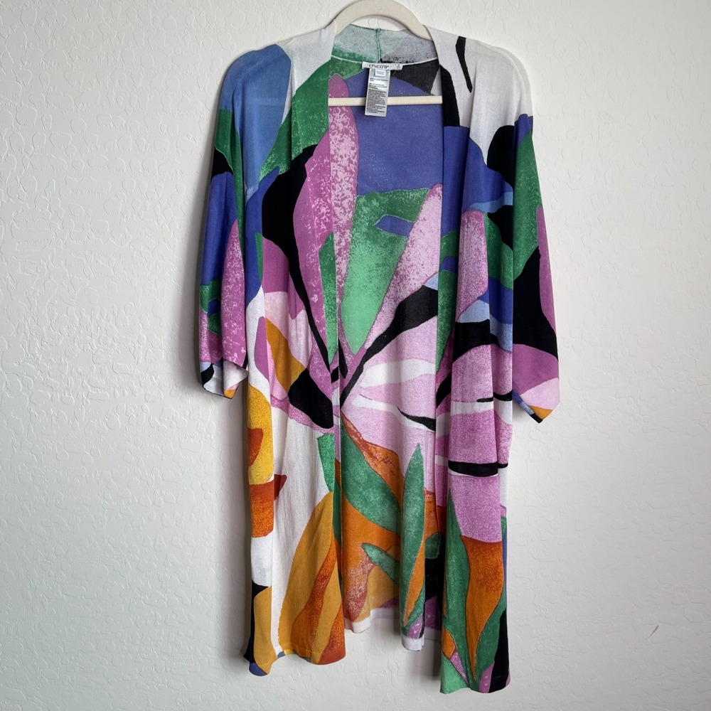 Chicos Womens Sz L Tropical Floral Open Front Cardigan Knit Cotton Vacation